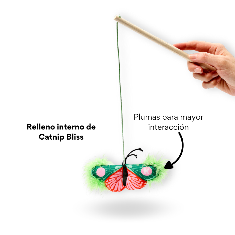 Juguete de  Peluche Mariposa Verde Azul con vara para gato Kanu Pet