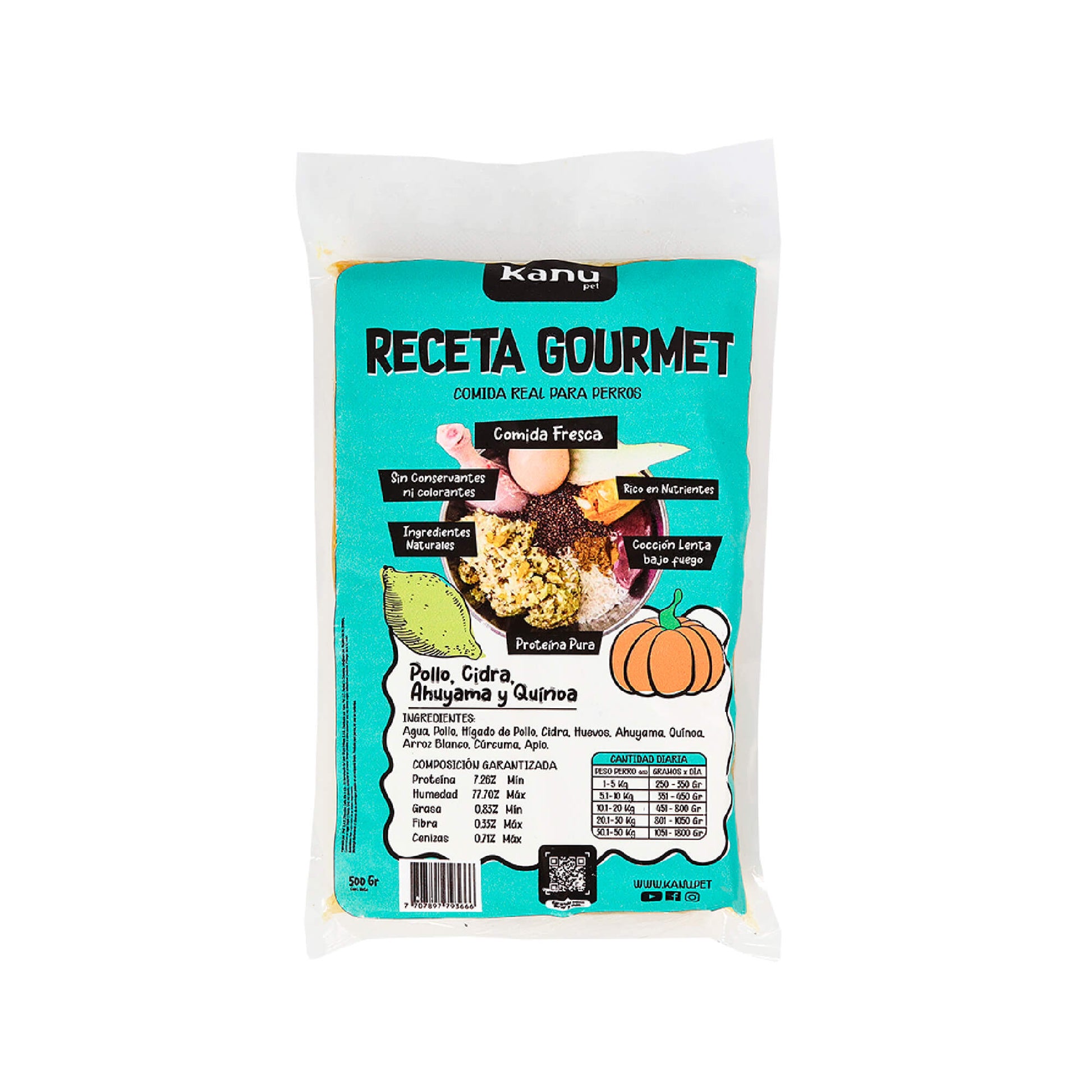 Alimento Congelado Receta Gourmet de Kanu Pet sabor a Pollo, Ahuyama y Quinoa para perros. 100% Comida Real